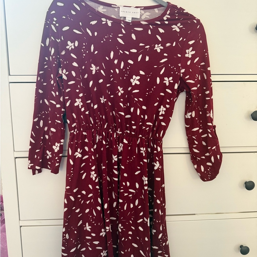 French Grey Burgundy Floral Dress